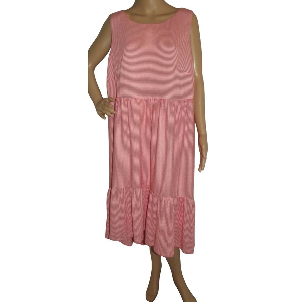 Adorne Woman 1X Coral Orange & White Striped Sleeveless Tiered Summer Dress